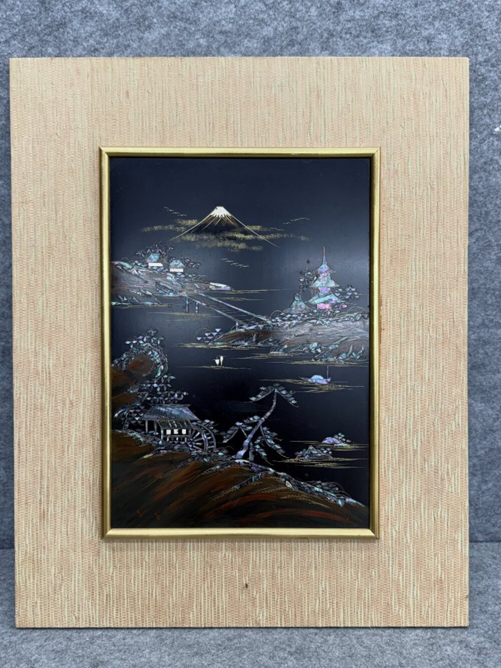 Vintage Japanese Black Lacquer Framed Wall Art Mother of Pearl Mt Fuji Pagoda